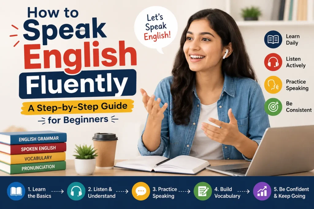 A beginner following a step-by-step plan to Speak English Fluently with daily practice, vocabulary building, and confident communication.