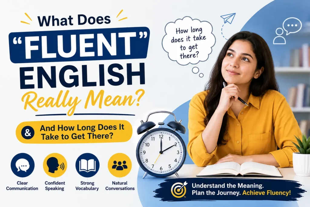 A learner understanding what Fluent English means through consistent practice, better communication, and real-life speaking confidence.