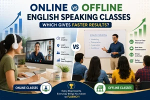 Online vs offline English speaking classes, showing a student attending an online class on a computer and an instructor teaching students in a classroom, with growth indicators representing learning progress and fluency.